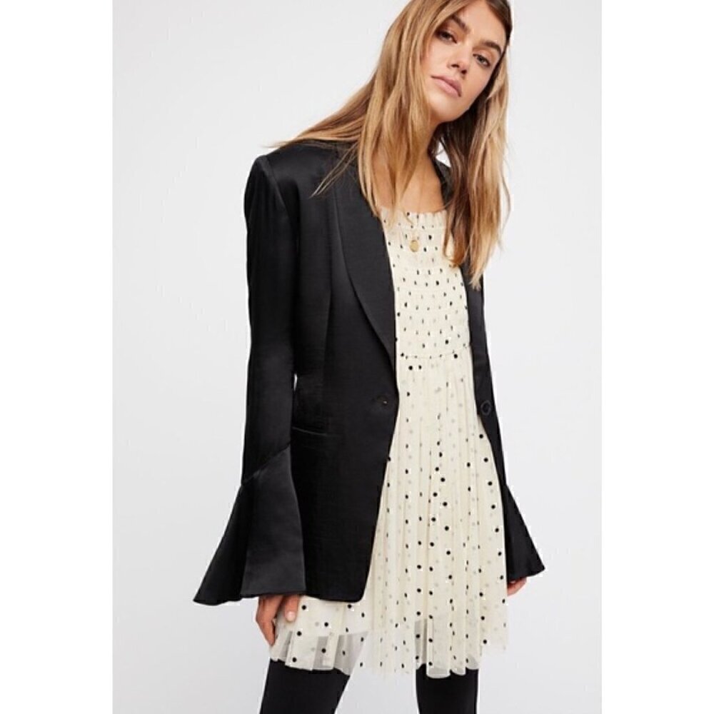 Black Satin Blazer Flared Sleeve XS corporate goth sophisticated whimsigoth